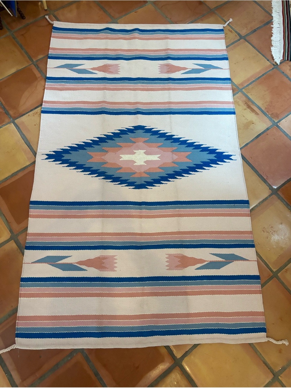 Southwestern Diamond Flatweave Rug in Cream, Blue & Pink